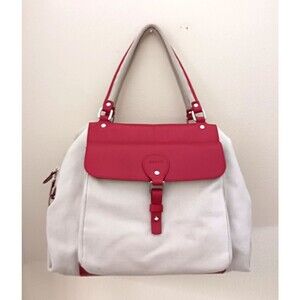 HOGAN Boston Lg Convertible Tote Bag Ivory Canvas Red Leather Made in Italy